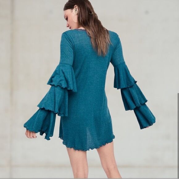 Free People Beach Seashore Mini Dress Ruffle Sleeve Teal Jewel - Picture 4 of 10